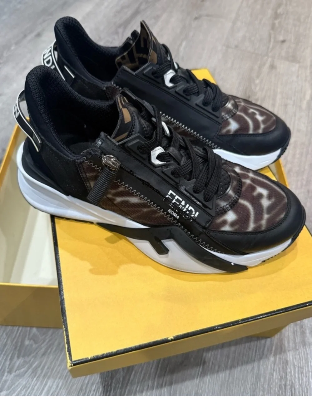 Fendi Black, Brown & White Low-Top Zip-Detail Sneakers - Picture 1 of 6